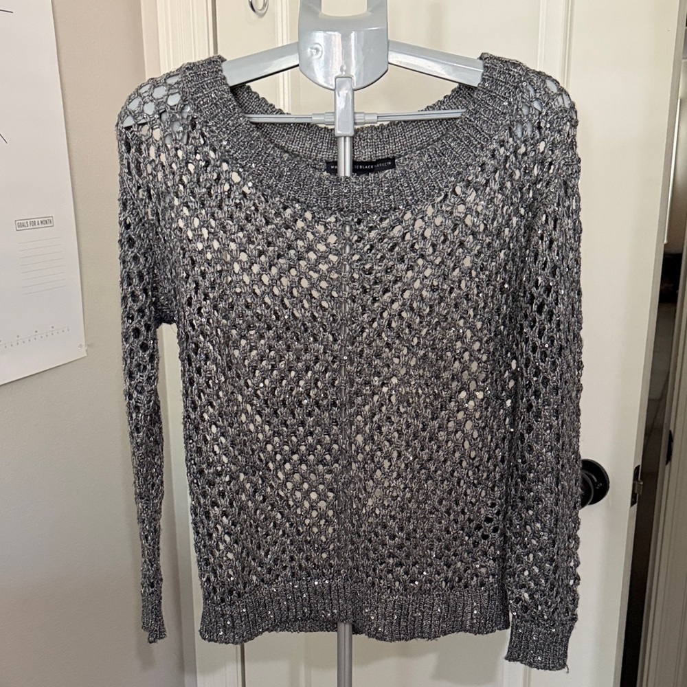 White House Black Market Metallic Gray Open-Knit Sweater